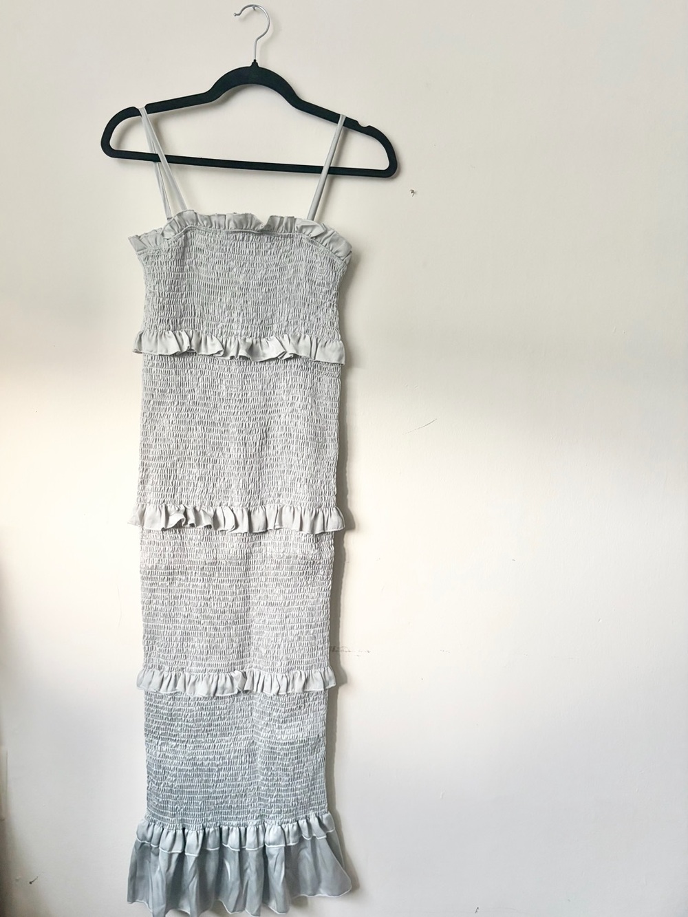 Smocked Ruffle Maxi Dress in Light Gray